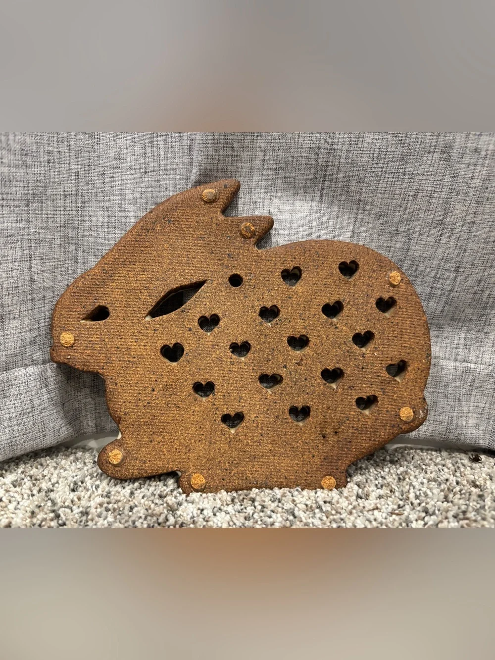 Vintage Stoneware Rabbit Trivet w/Speckled Glaze & Cut-Out Heart Shapes
